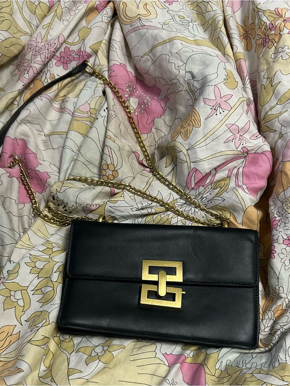Black Leather Chain Shoulder Bag with Gold Hardware